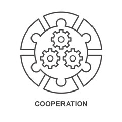 Icon – cooperation. Puzzles are all about bringing parties to collaborate. Gears are a collaborative process. The thin contour lines.