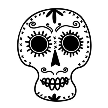 White sugar skull vector icon. Hand drawn doodle isolated on white background. Black silhouette of an ornamented head. Sketch for the Mexican Day of the Dead. Festive mask outline. Monochrome.