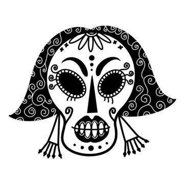 White sugar skull vector icon. Hand drawn doodle isolated on white background. Festive mask of a beautiful girl. Sketch for the day of the dead. Woman with bob, earrings. Head with painted patterns.