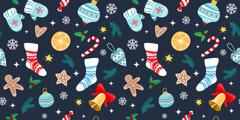 Christmas seamless pattern with festive elements. Christmas toys, fir branches, socks and bell.
