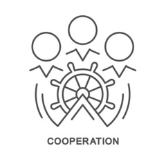 Icon – cooperation. A group of people at the helm as a symbol of cooperation towards a common goal. The thin contour lines.