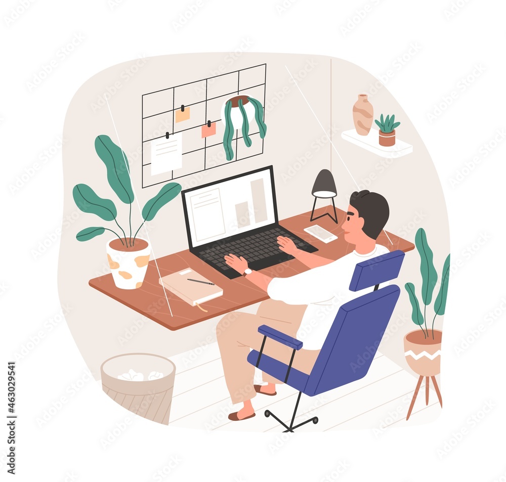 Poster freelancer work from home office. man working online at desk with laptop computer. employee at moder