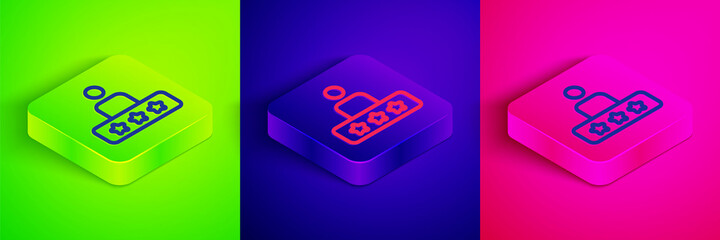Isometric line Taxi service rating icon isolated on green, blue and pink background. Square button. Vector