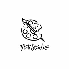 Vector logo for art studio. Vector illustration with a palette for paints. Bright paint strokes. Template for teaching, creativity, poster, postcard and other use. Hand draw lettering "Art studio".