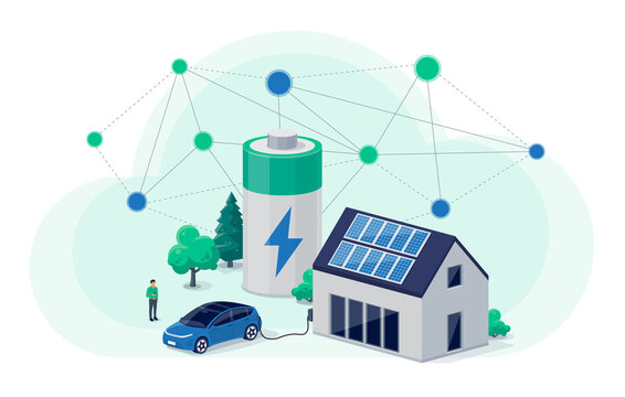 Home virtual battery energy storage with house photovoltaic solar panels on roof and rechargeable li-ion electricity backup. Electric car charging on renewable smart power network grid cloud system.