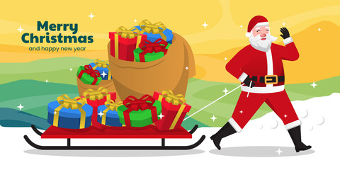 Santa Claus pulls a heavy bag full of gifts