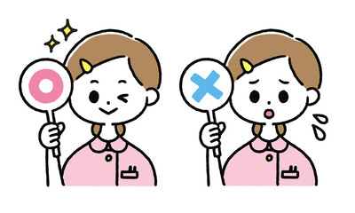 マルバツを持つ女性看護師さんのイラスト。正解　不正解