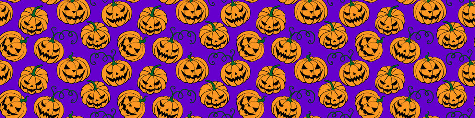 Vector Seamless pattern with pumpkins, Jack o Lantern. Halloween backgrounds and textures in flat doodle style, isolated