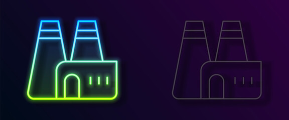 Glowing neon line Factory production icon isolated on black background. Industrial building. Vector