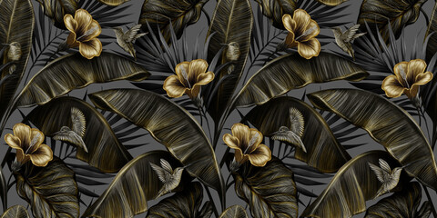 Golden hibiscus flowers, vintage palm, banana leaves on grey background. Tropical seamless pattern. Hand-drawn premium 3D illustration. Glamorous exotic art. Good for luxury wallpapers, cloth, mural
