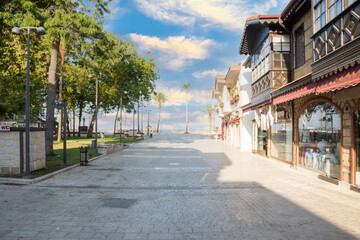 The streets of the city centre, the bazaar and the port area in Side, Antalya. Street views. Cloudy day