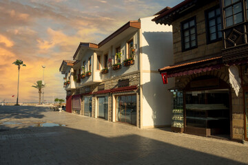 The streets of the city centre, the bazaar and the port area in Side, Antalya. Street views. Cloudy...