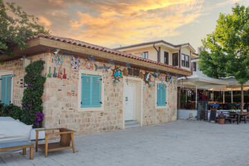  The streets of the city centre, the bazaar and the port area in Side, Antalya. authentic anatolian Greek houses. Selective Focus