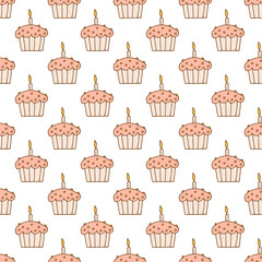 Hand drawn seamless pattern. Doodle style. Festive elements. Cupcake with candle. White background. Vector.