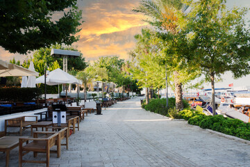 The streets of the city centre, the bazaar and the port area in Side, Antalya. Street views. Cloudy day
