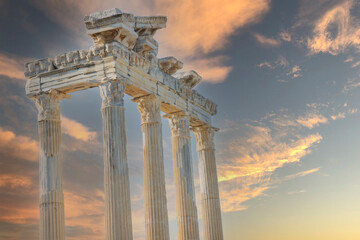 The Temple of Apollo is a Roman temple built around 150 A.D.  on the Mediterranean Sea coast.  Side Antalya Turkey. Cloudy Blue Sky. Selective Focus Columns.