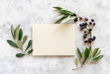 Blank card laying on marble table with olive tree branches