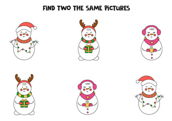 Find two identical Christmas snowmen. Educational game for preschool children.