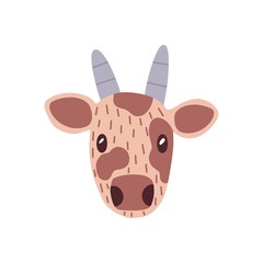 Cute funny face of baby cow with adorable eyes. Head portrait of amusing bull calf in doodle style. Lovely muzzle of young domestic animal. Flat vector illustration isolated on white background