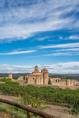 Fototapeta na wymiar Landscape with the twelfth century Cistercian monastery of Santa Maria de Poblet, Catalonia. Spain vertical