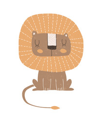 Simple Hand Drawn Vector Illustrations with Cute Dreamy Lion. Infantile Style Nursery Vector Print ideal for Wall Art, Poster, Card, Safari Party. Funny Sitting Lion Isolated on a White Background.
