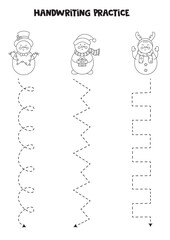 Tracing lines with cute snowmen. Writing practice.