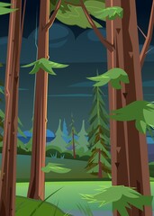 Night landscape with trees and fir trees. Bright glade. Coniferous forest at dusk. Dark summer scene. Illustration in cartoon style flat design. Vector