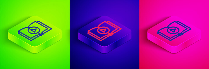 Isometric line Audio book icon isolated on green, blue and pink background. Play button and book. Audio guide sign. Online learning concept. Square button. Vector