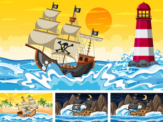 Set of Ocean with Pirate ship at different times scenes  in cartoon style