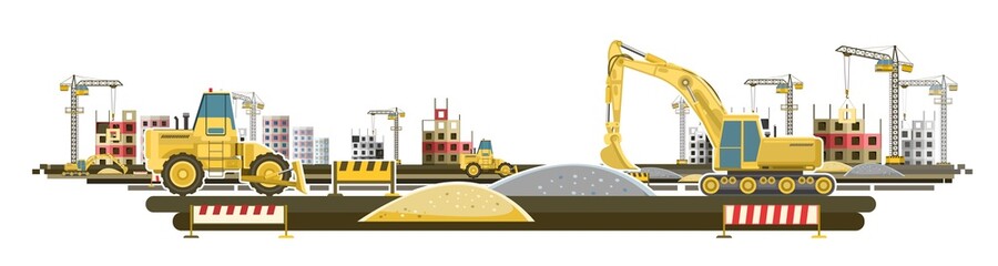 Building. Modern residential and industrial buildings. Lifting crane. Bulldozer and excavator. Modern technologies and equipment. Isolated illustration vector