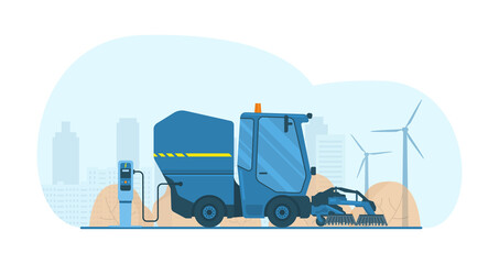 Electric vacuum road sweeper mini truck with brushes. Vector illustration.