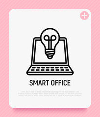 Smart office thin line icon, open laptop with bulb. Modern vector illustration.