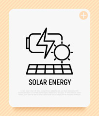 Solar energy, renewable battery by sun thin line icon. Modern vector illustration of alternative energy.
