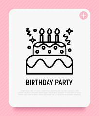 Birthday cake with candles thin line icon. Logo for organization kids party. Modern vector illustration of dessert.
