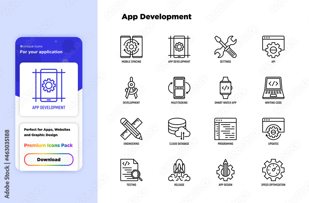 Wall mural app development thin line icons set: writing code, multitasking, smart watch app, engineering, updat