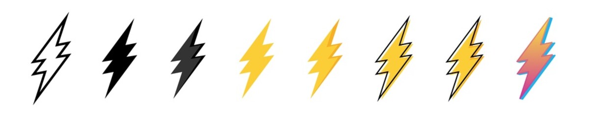 thunderbolt or thunder lightning icon vector isolated set. thunderstorm sign logo on white background.