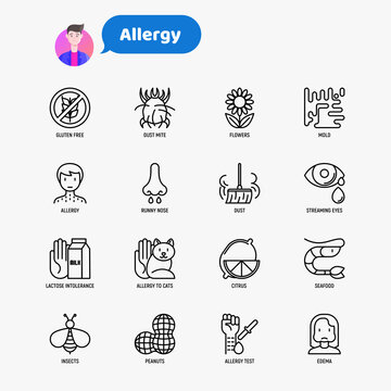 Allergy thin line icons set. Symptoms, allergens, prick test, edema. Vector illustration.