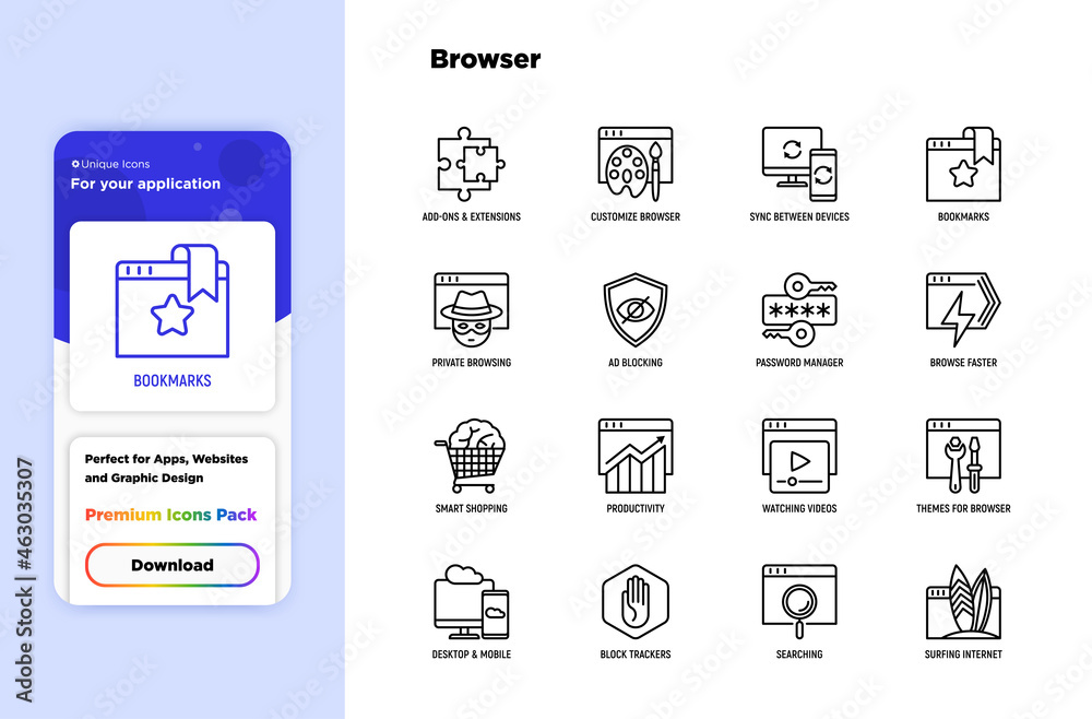 Sticker browser thin line icons set: add-ons, extension, customize browser, sync between devices, bookmark, 