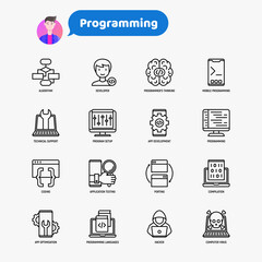 Programming thin line icons set, developer, code, algorithm, technical support, program setup, porting, compilation, app testing, virus, optimization. Vector illustration.