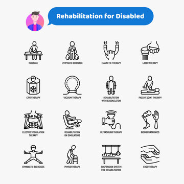 Rehabilitation for disabled thin line icons set. Magnetic therapy, laser, massage, lymphatic drainage, exoskeleton, cryotherapy, biomechatronics, suspension system, ergotherapy. Vector illustration.