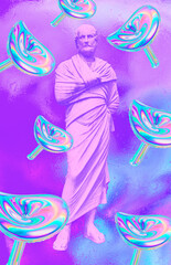 Contemporary minimal collage wallpaper. Antique statue Male in hallucinations holography mushrooms...