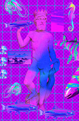 Contemporary minimal collage kit wallpaper. Antique statue Poseidon in purple digital sea space....
