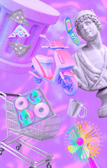 Contemporary minimal collage kit wallpaper. Antique statue in digital chaos holography space. Back...