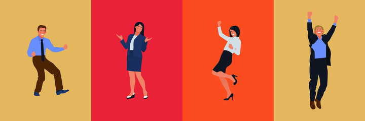 Set of Happy Business Employee People on Colorful Background. Modern Flat Vector Illustration. Feeling and Emotion Social Media Concept.