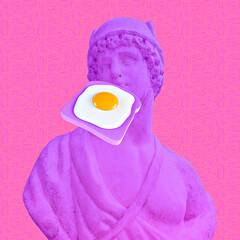 Contemporary minimal collage art. Antique statue and breakfast scrambled eggs. Back in 80, 90s party vibes. Retro Zine and vapor wave stylish design
