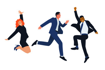 Fototapeta na wymiar Set of Happy Business Employee People Jumping in the Air Cheerfully. Modern Flat Vector Illustration. Feeling and Emotion Social Media Concept.
