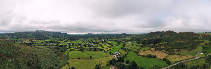 Fototapeta na wymiar Panoramic aerial view cloudy summer countryside,newry,Northern Ireland