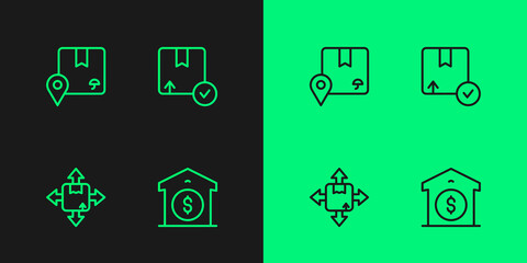 Set line Warehouse price, Carton cardboard box, Location with and icon. Vector