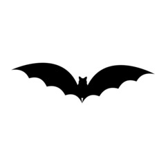 Bat icon isolated on white background. Creepy Halloween decoration. Black flat vector illustration. Spooky festive design, silhouette for logo