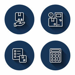 Set line Delivery hand with box, Home delivery services, Verification of list and Calculator with long shadow. Blue circle button. Vector